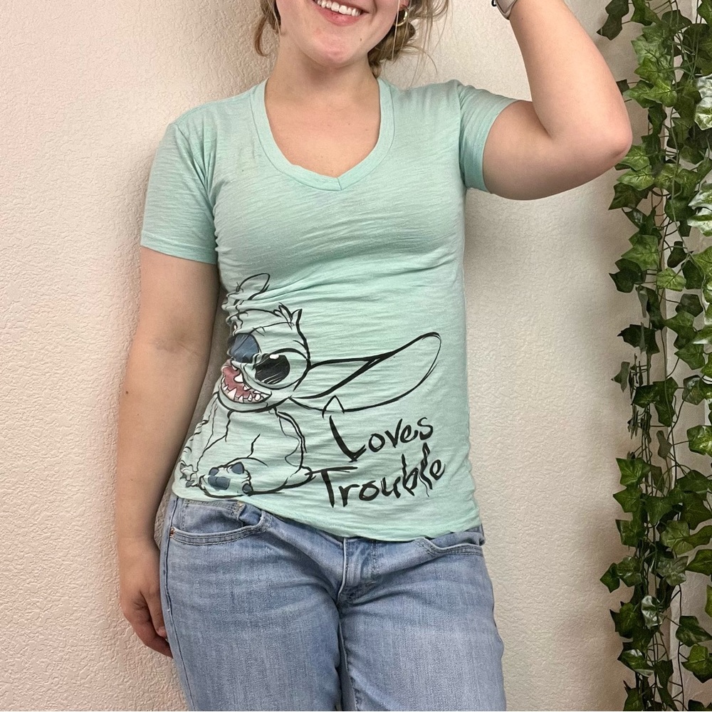 Lilo and Stitch "Loves Trouble" V Neck T Shirt - Picture 1 of 10